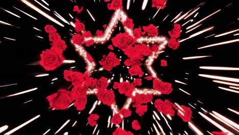 red roses are exploding and forming a star shape with golden particles on a black background, creating a visually appealing and dynamic animation