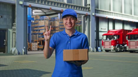asian male courier in blue uniform showing gesture peace and smiling while delivering a carton, outside of logistics distributions warehouse