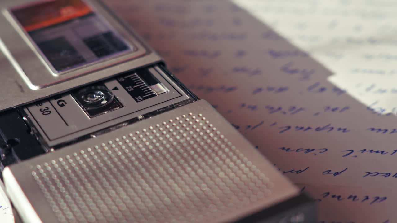 Close-up of a vintage recorder casting shadow over an old letter during slow playback. Visual metaphor for secrets and the past