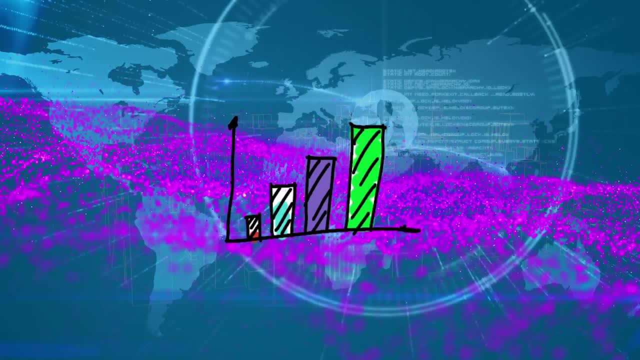 animación de diagrama y puntos púrpuras sobre el mapa del mundo sobre fondo azul