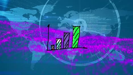 Animation-Von-Diagramm-Und-Violetten-Flecken-über-Der-Weltkarte-Auf-Blauem-Hintergrund
