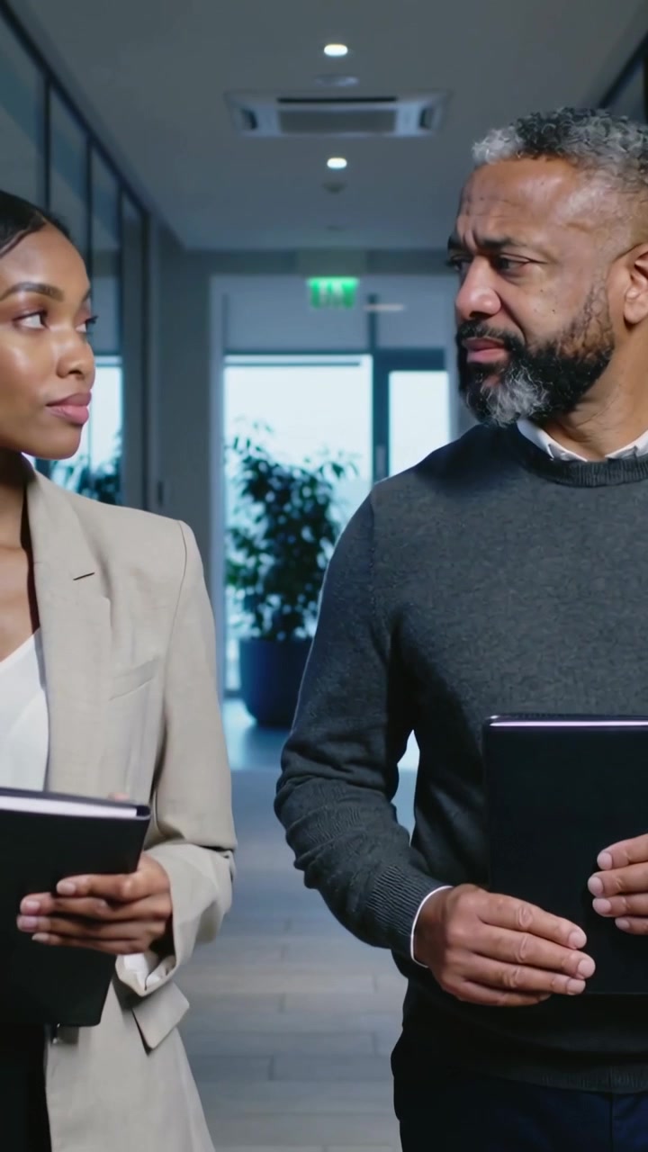 Vertical video: Entering frame team walking down corridor with black folders, in blazer and sweater