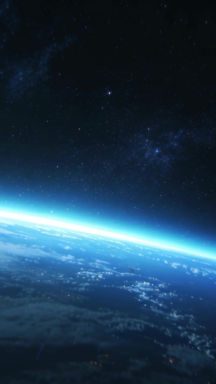 Vertical video: Orbiting night-side Earth from low orbit, showing limb, city lights and moving dots