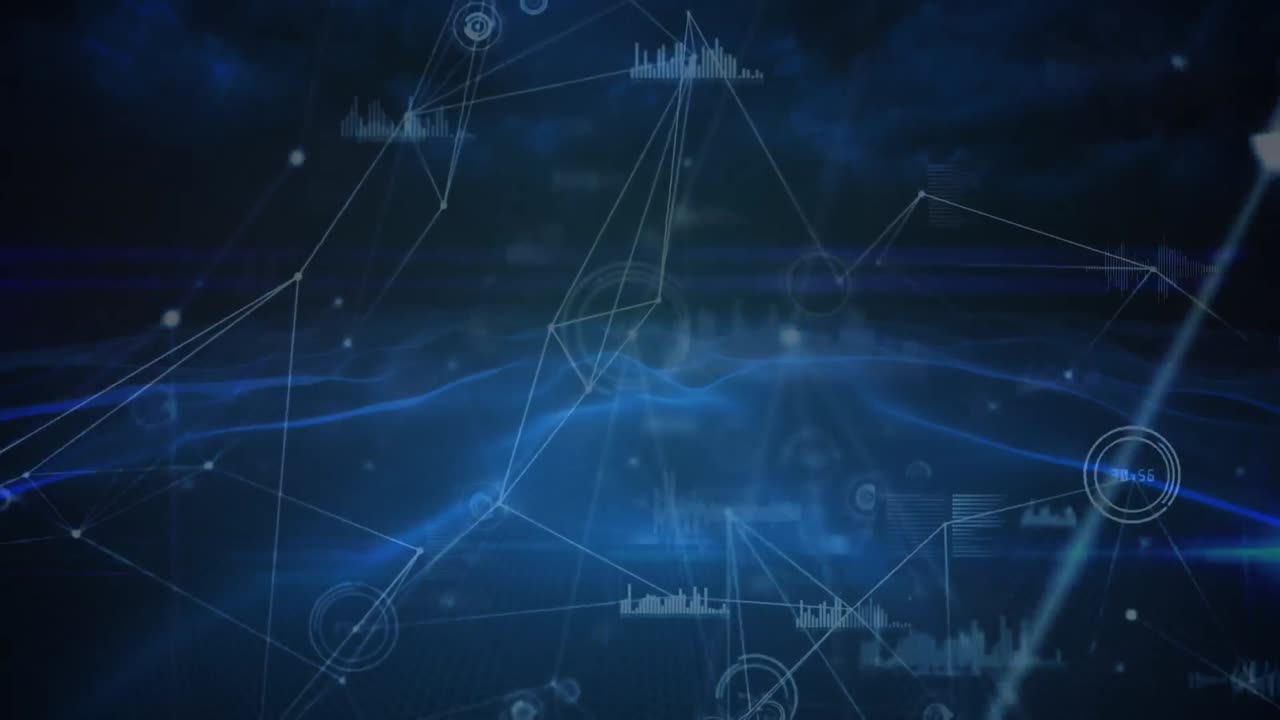 Animation of data processing and network of connections on black background