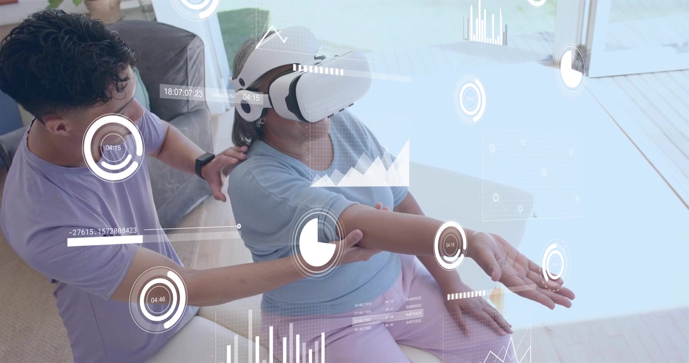 Vertical video: Adjusting VR headset, man guiding woman reaching arm while HUD gauges showing rehab