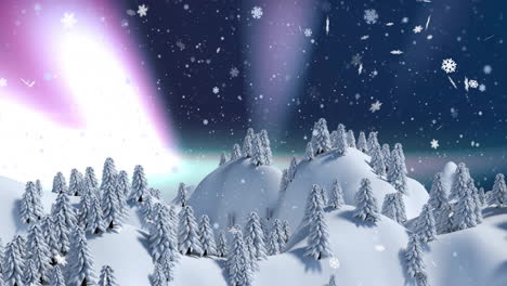 Animation-of-snow-falling-and-aurora-borealis-in-christmas-winter-scenery-background