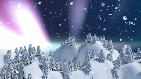 animation of snow falling and aurora borealis in christmas winter scenery background