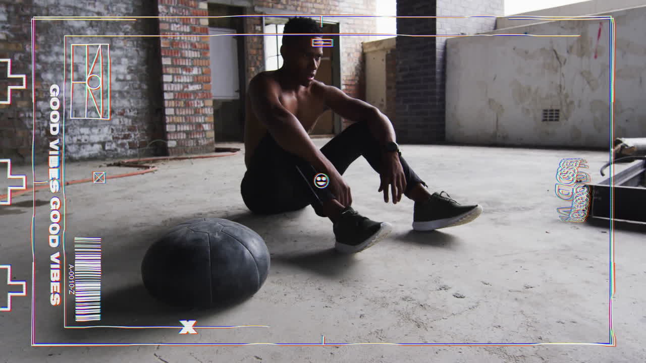 운동 공과 함께 바닥에 휴식을 취하고, 좋은 진동을 가진 사람 텍스트 애니메이션