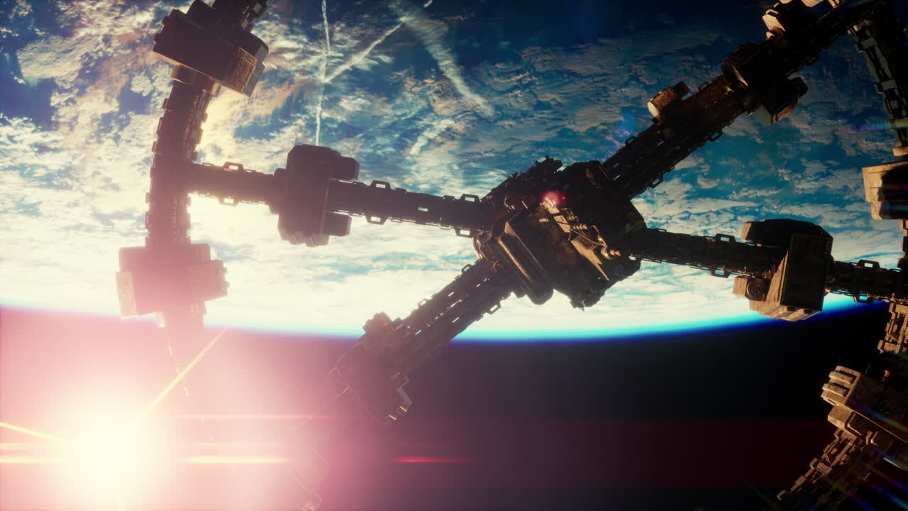 una enorme nave espacial muy detallada se acerca a la tierra.