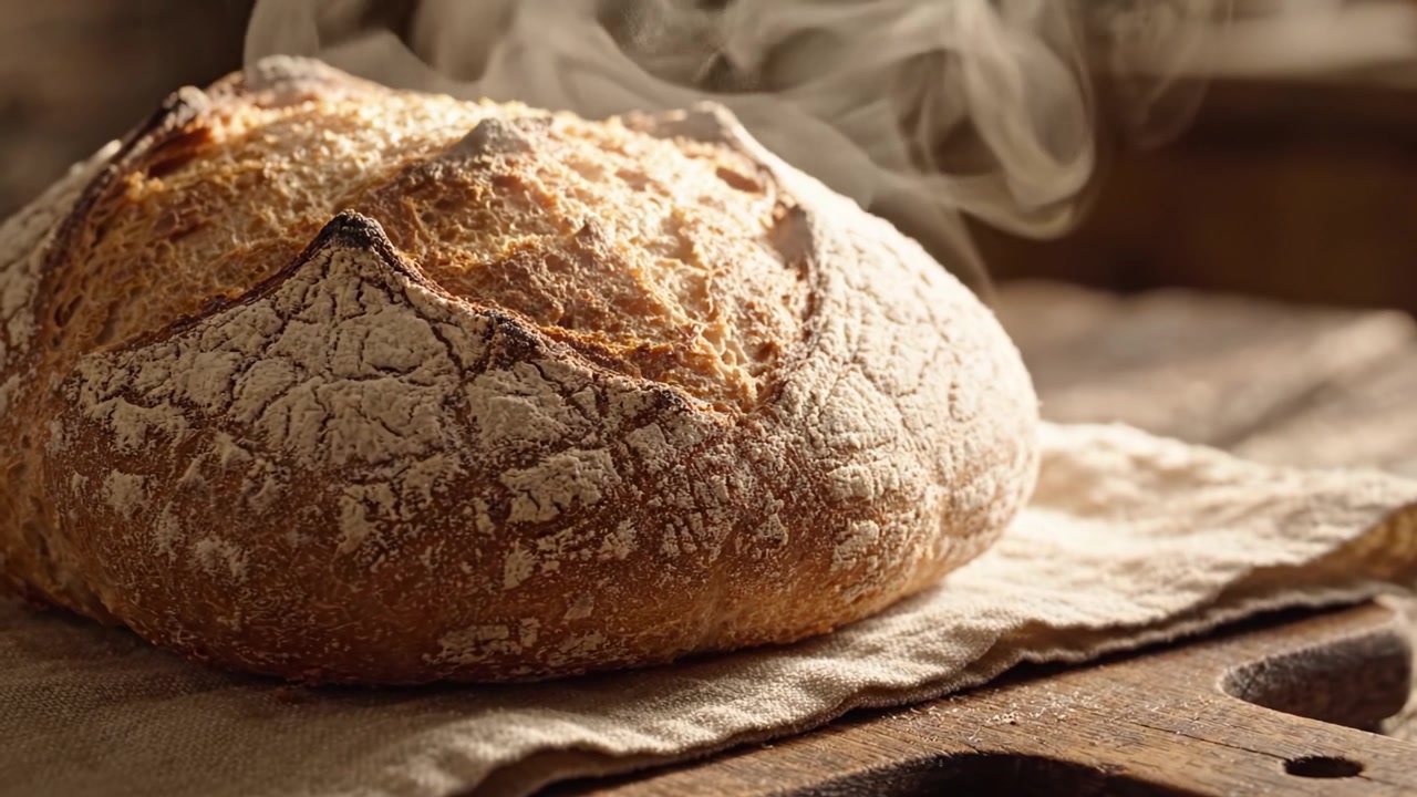 Freshly Baked Artisan Bread on a Wooden Cutting Board with Steam Rising, Showcasing Its Textured Crust and Golden Brown Color, Perfect for Any Culinary Delight