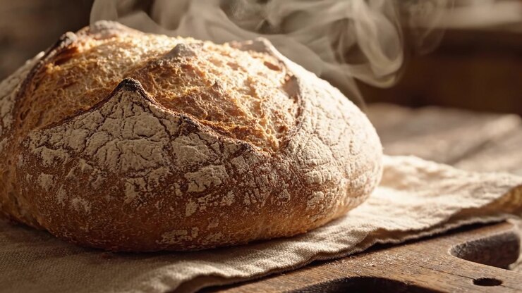 Freshly Baked Artisan Bread on a Wooden Cutting Board with Steam Rising, Showcasing Its Textured Crust and Golden Brown Color, Perfect for Any Culinary Delight