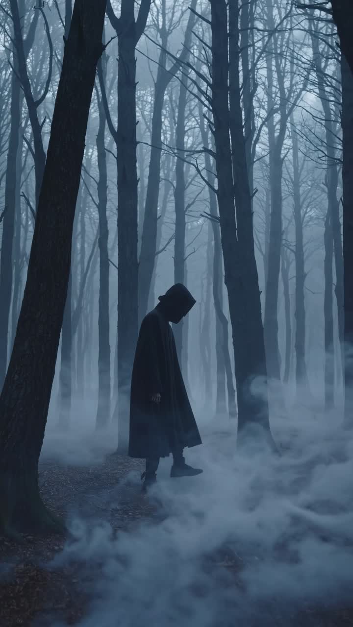 Eerie forest scene with mist, featuring a cloaked figure