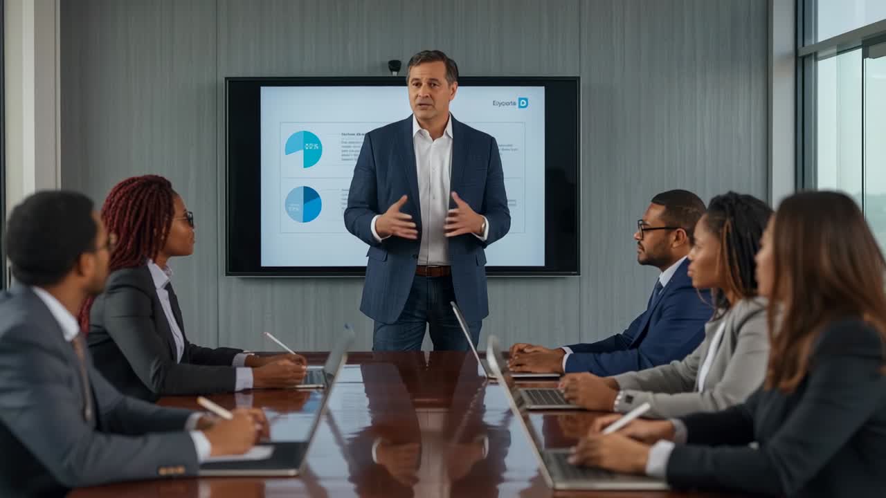 Starting presentation suited exec gesturing toward pie charts in boardroom, with colleagues noting