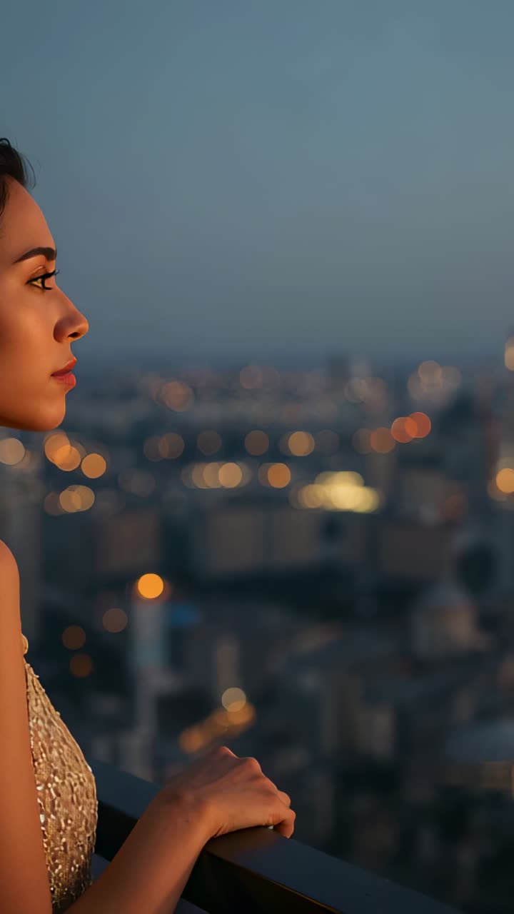 Video verticale: donna che guarda il tramonto, appoggiata alla ringhiera di un balcone e vestita di tutto punto, mentre osserva una torre illuminata; spazio per il testo