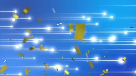 Animation-of-confetti-falling-over-glowing-light-trails-on-blue-background