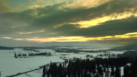 dramatic yellow sky over farmland in enderby, british columbia, snowcovered grassland surrounded by evergreen forest