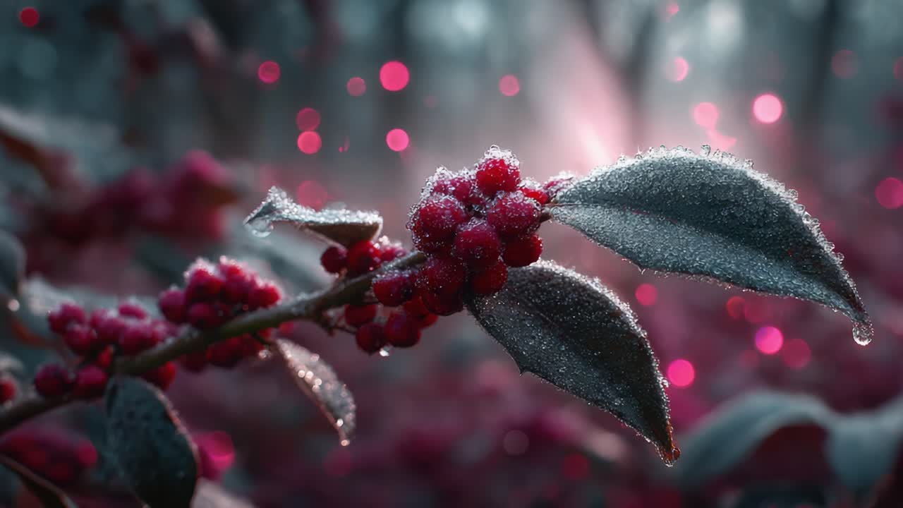 A Captivating Close-Up of Dew-Kissed Berries on a Branch, Glimmering Under Soft Light with a Dreamy Background of Colorful Bokeh Effects