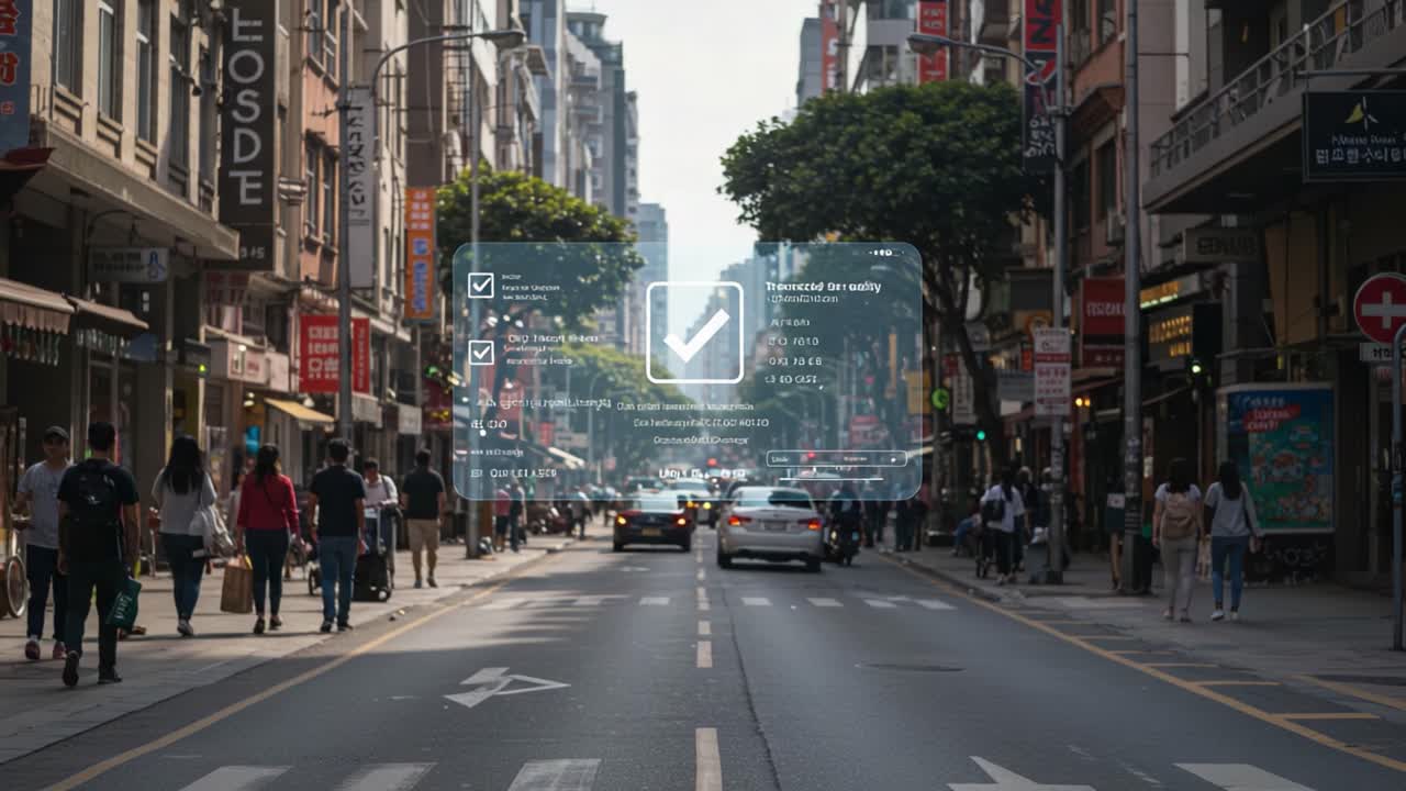 Urban Street Scene Featuring Pedestrians, Traffic, and a Digital Overlay for Ensuring Safety and Compliance in Busy City Environment