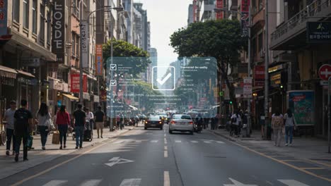 Urban Street Scene Featuring Pedestrians, Traffic, and a Digital Overlay for Ensuring Safety and Compliance in Busy City Environment