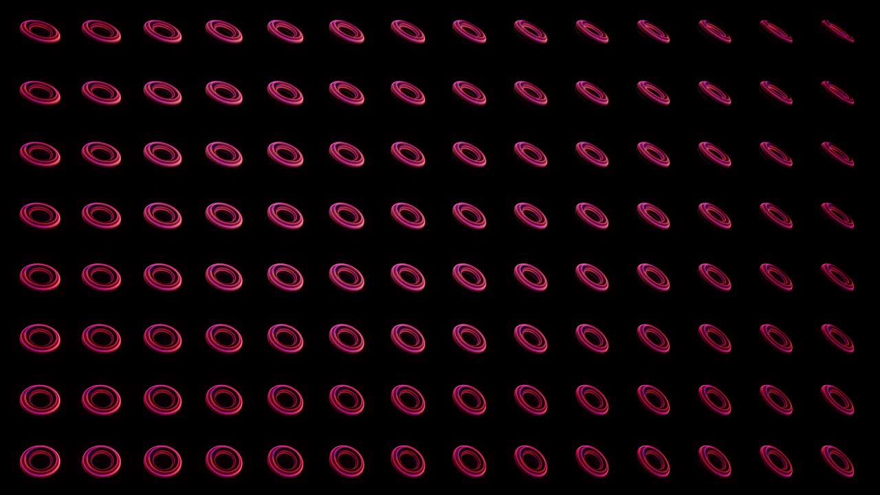 patrón abstracto con círculos giratorios en fondo negro. animación. anillos giratorios brillantes de color rojo y rosa en filas simétricas horizontales, bucle sin costuras