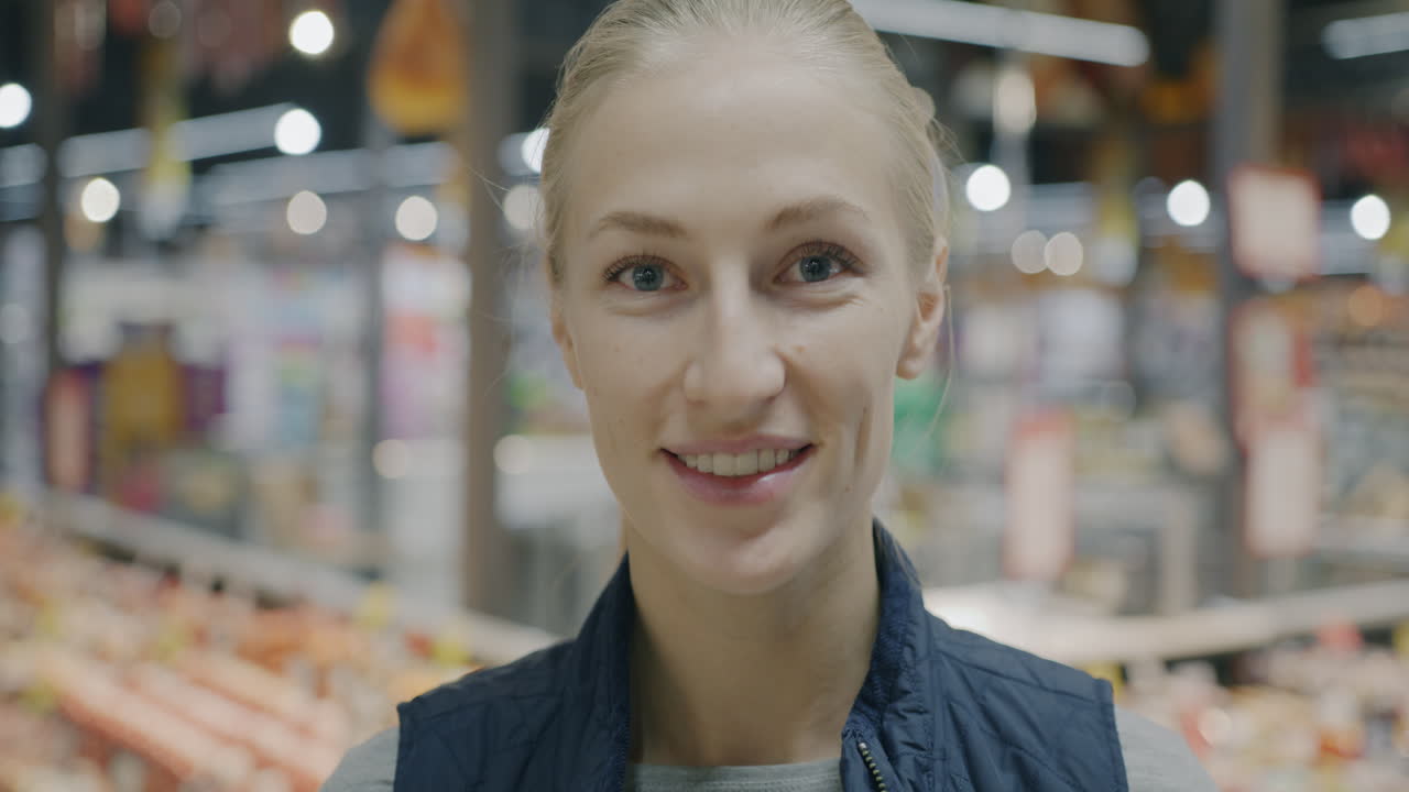 Woman Smiling in a Grocery Store