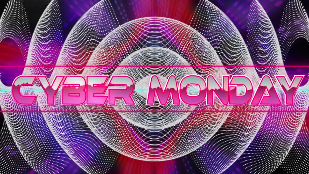 Animation of cyber monday text over neon shapes on dark background
