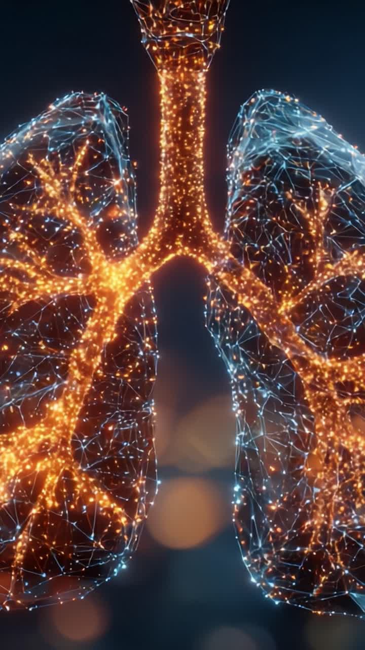 A Captivating 3D Visualization of Lungs: Exploring the Intricate Network of Bronchial Structures and Alveoli Illuminated by Luminous Particles in a Digital Realm