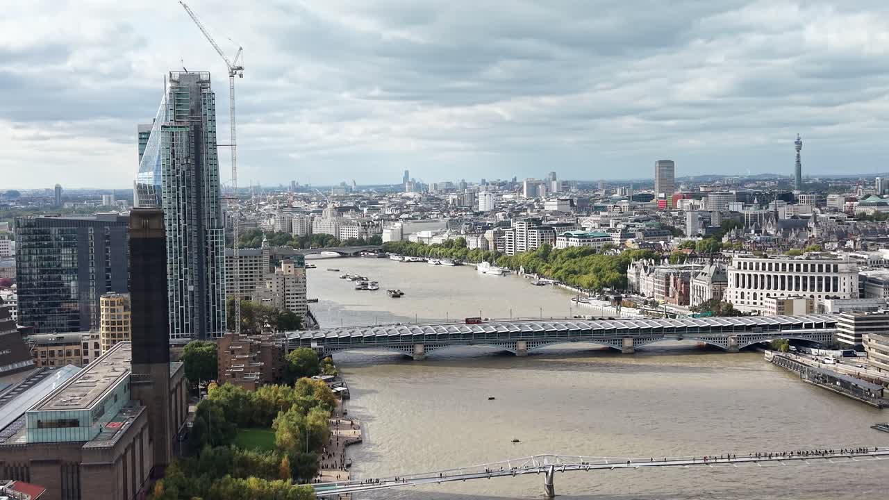 Millennium Bridge, London River Thames central London drone,aerial