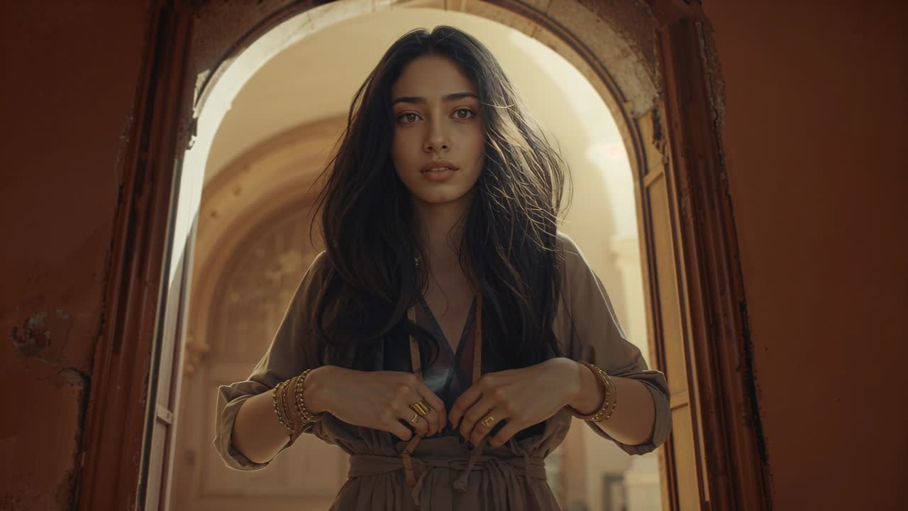 Donna che allenta la cravatta in una porta ad arco, avviando un bagliore animato che traccia corde e anelli per la moda