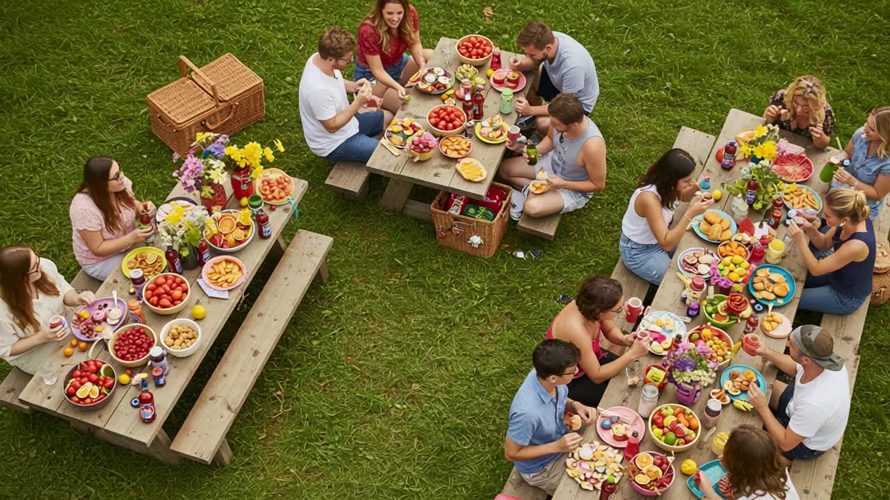 A Vibrant Gathering: Friends Enjoying a Colorful Picnic Feast Surrounded by Fresh Fruits, Flowers, and Joyful Conversations in a Lush Green Setting