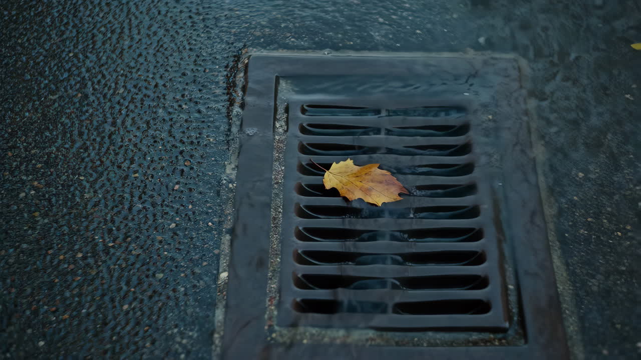 Une feuille d'automne repose sur un avaloir avec de l'eau qui coule dessus