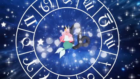 Animation-of-spinning-star-sign-wheel-with-capricorn-sign-and-stars