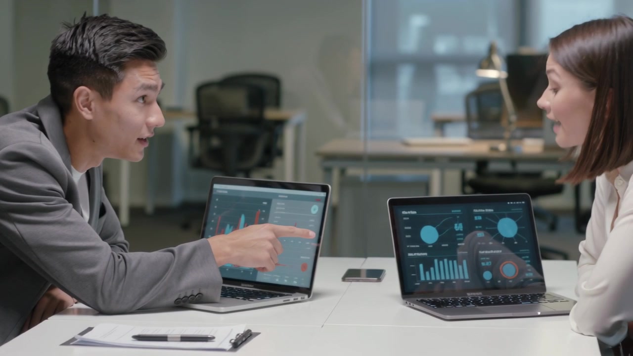 Seeing chart, pointing male colleague explaining data to coworker in office, laptops and blazer