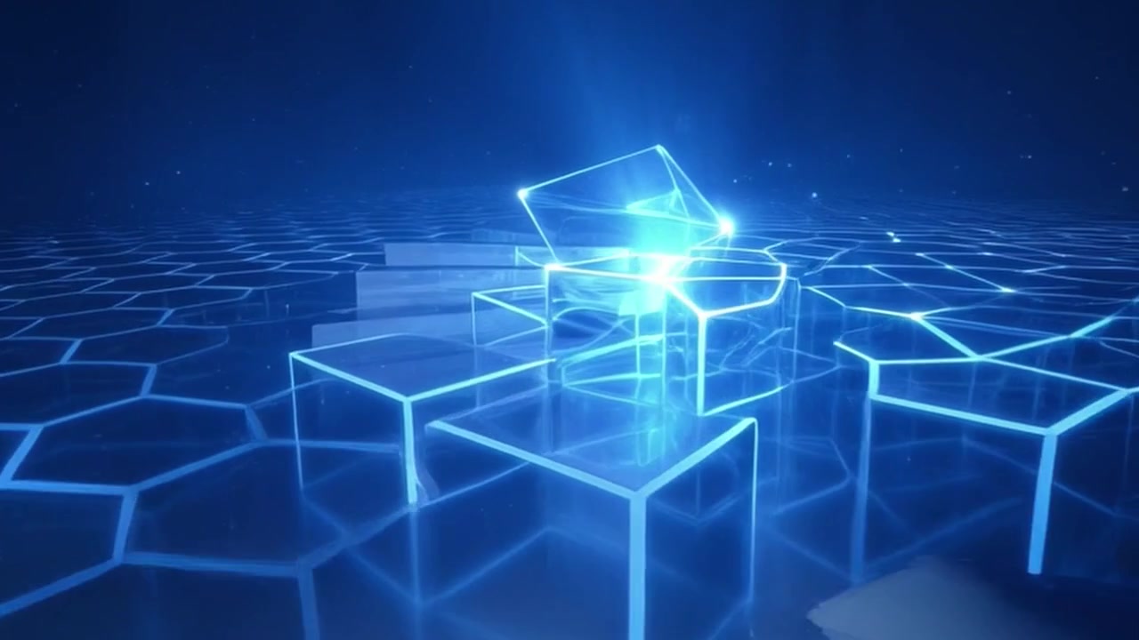 Abstract Digital Background with Glowing Blue Geometric Shapes and Hexagonal Grid
