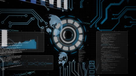 Procesamiento-De-Datos-Con-Gráficos-Futuristas-Y-Mapa-Del-Mundo-Sobre-Animación-De-Interfaz-Digital