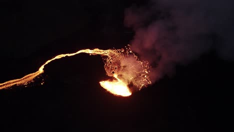 clockwise high angle drone shot of the litli hrutur volcano in iceland during the night