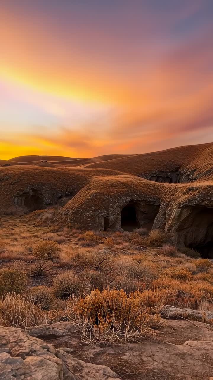 Video verticale: sole che tramonta, carrellata della camera su una collina rocciosa che mostra 2 imboccature di grotte e nuvole che spazzano