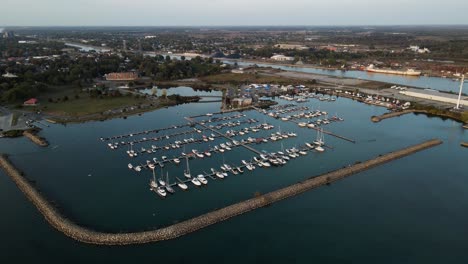 aerial view of the boats in the marina on the lake erie