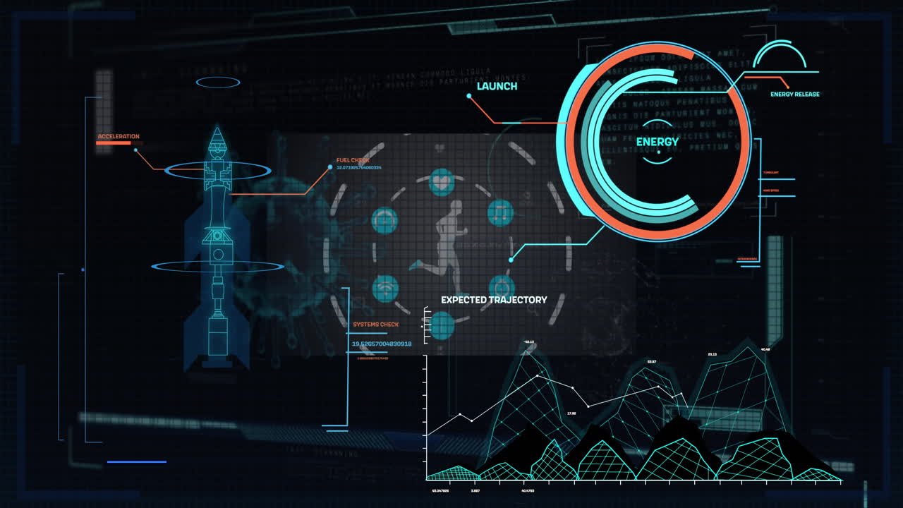 Animation of data processing over scope and human running on black background