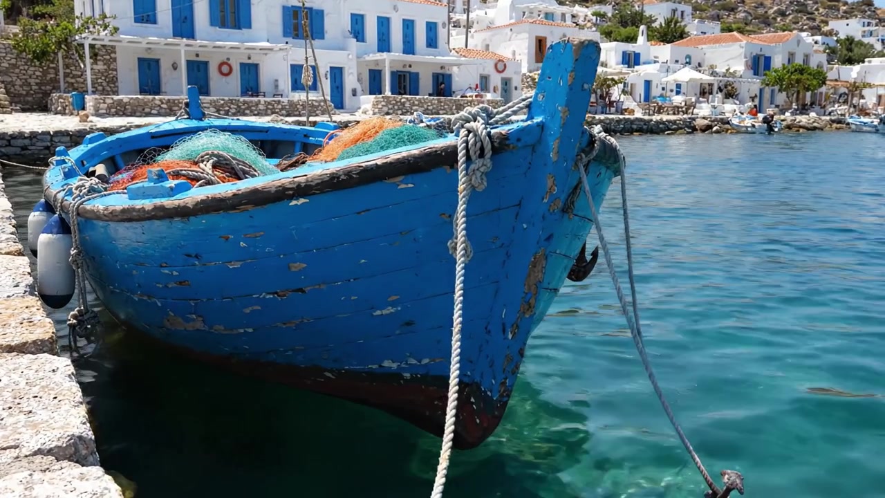Una vista serena di un peschereccio blu invecchiato ormeggiato al molo, circondato da pittoreschi edifici bianchi con accenti blu brillante, che incarna il fascino e la tranquillità costiera.