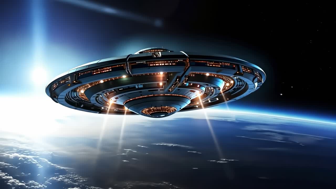 Futuristic spaceship above Earth, viewed from a low angle