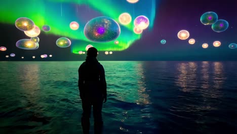 person contemplating a glowing aurora and bubbles