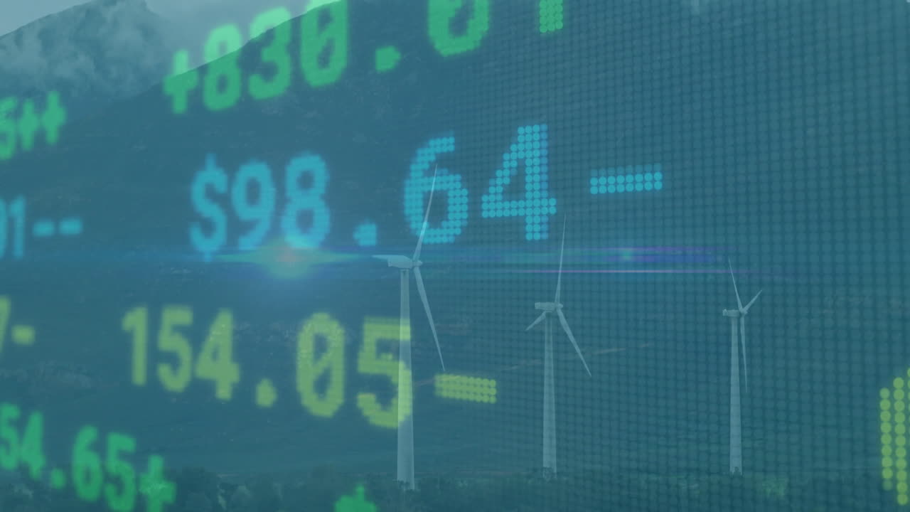 Wind turbines and financial data processing animation over mountainous landscape