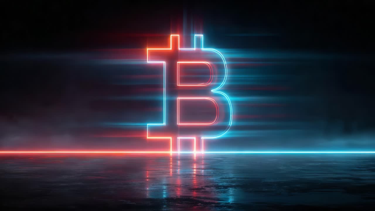 Illuminated Bitcoin Symbol: A Stunning Visual Representation of Cryptocurrency in Vibrant Neon Colors Against a Dark Background