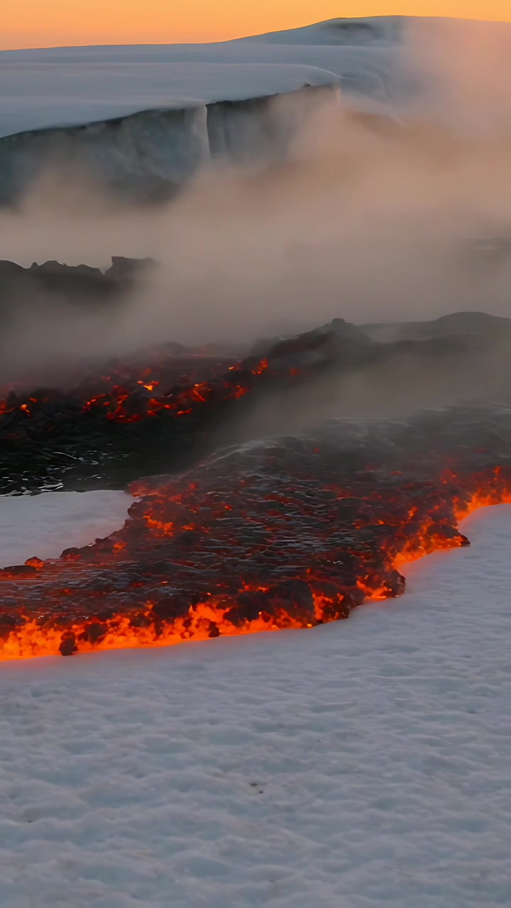 Vertical video: Appearing as glowing ribbon, lava channel creeping across snow plain melting snow