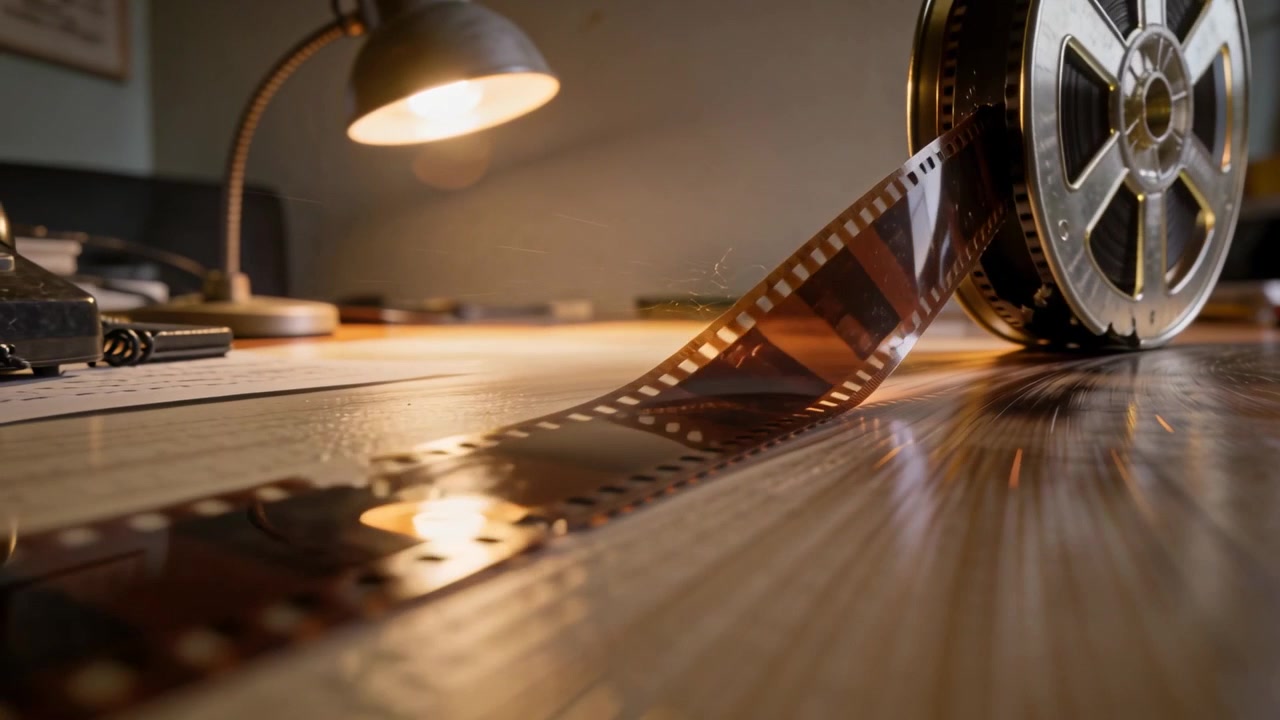 Striscia di pellicola da 35mm strappata che tira una bobina di pellicola metallica, srotolandosi su una scrivania di legno, con una lampada che rivela i fotogrammi.
