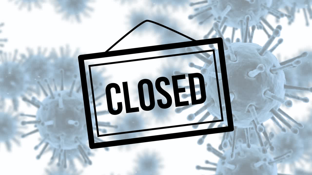 대규모 코로나19 세포 위에 떠다니는 검은색 닫힌 표지판의 애니메이션