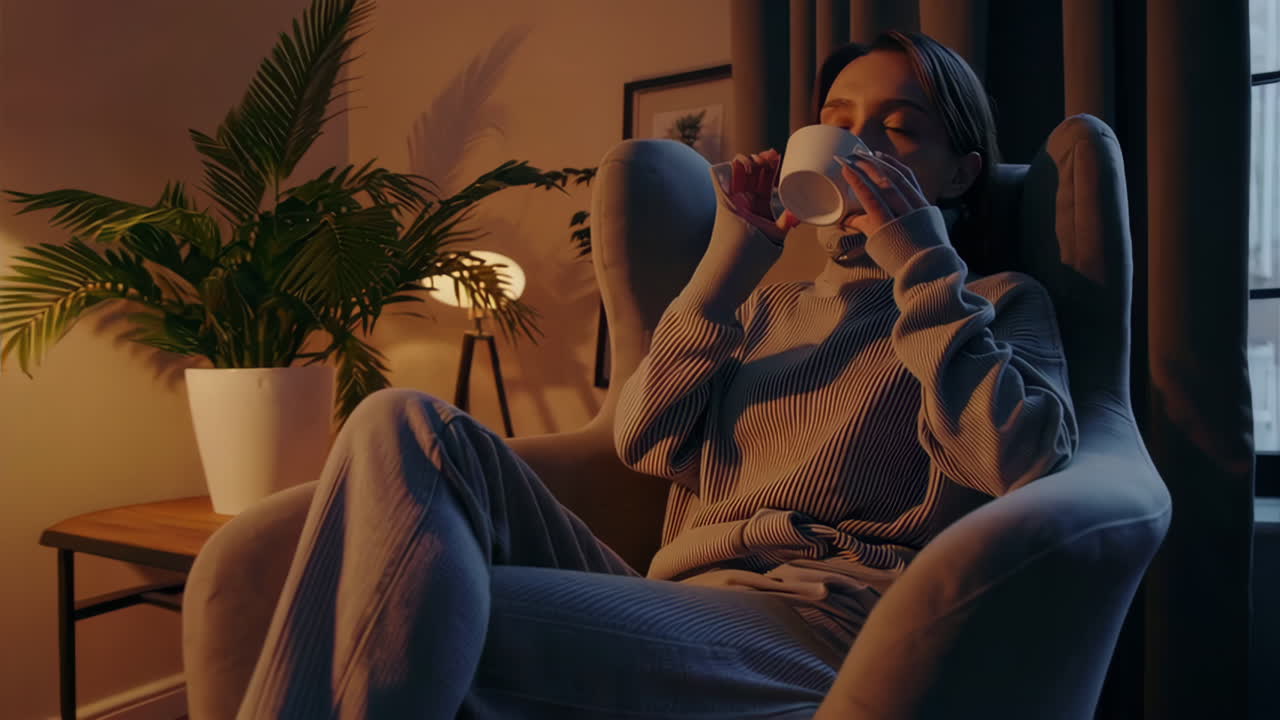 Woman Relaxing with Drink in Cozy Home Setting