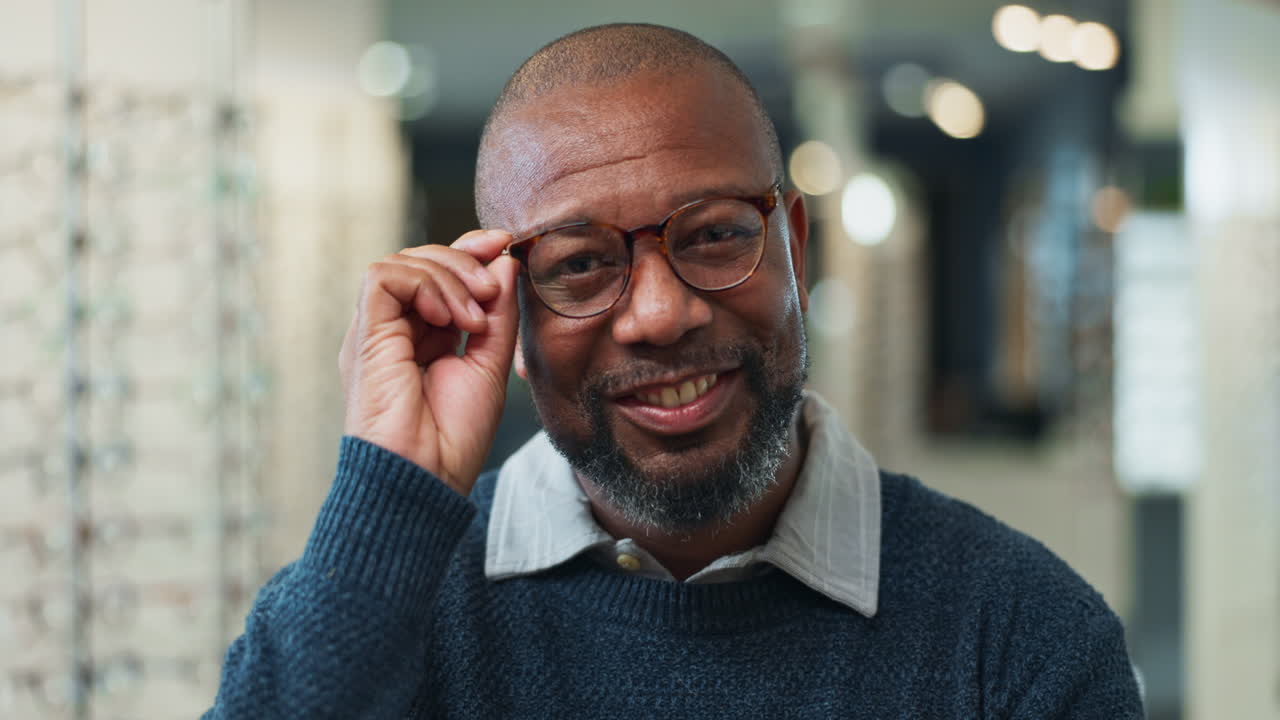 Smiling Man Wearing Glasses in an Optometrist Office