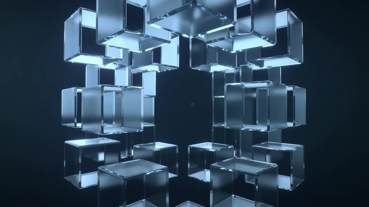 Animating glass cubes moving inward, rotating and stacking in 3D studio to close central void